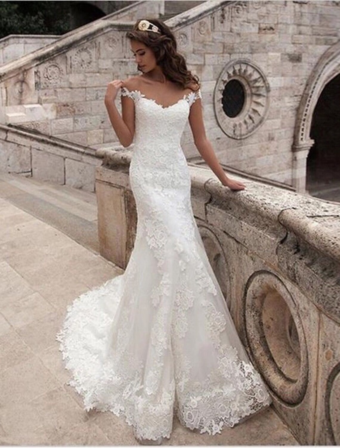 Engagement Open Back Formal Wedding Dresses Court Train Short Sleeve Off Shoulder Lace With Appliques