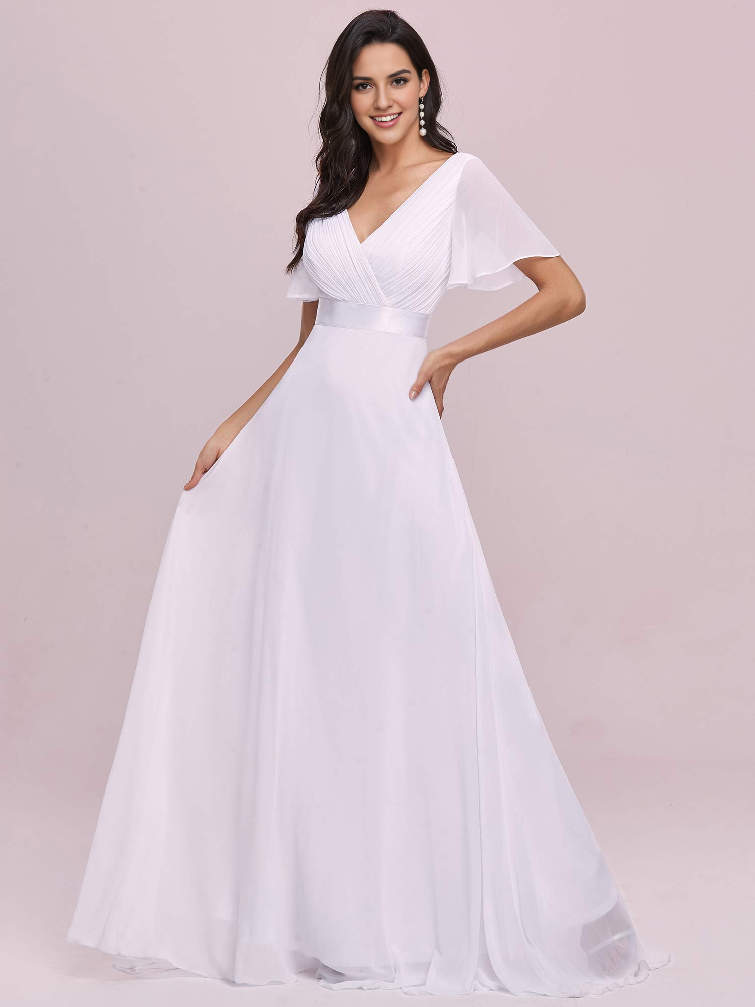DingJiDress Wedding Dress V-Neck Short Sleeve Ruched Floor Length Formal Women's Dresses