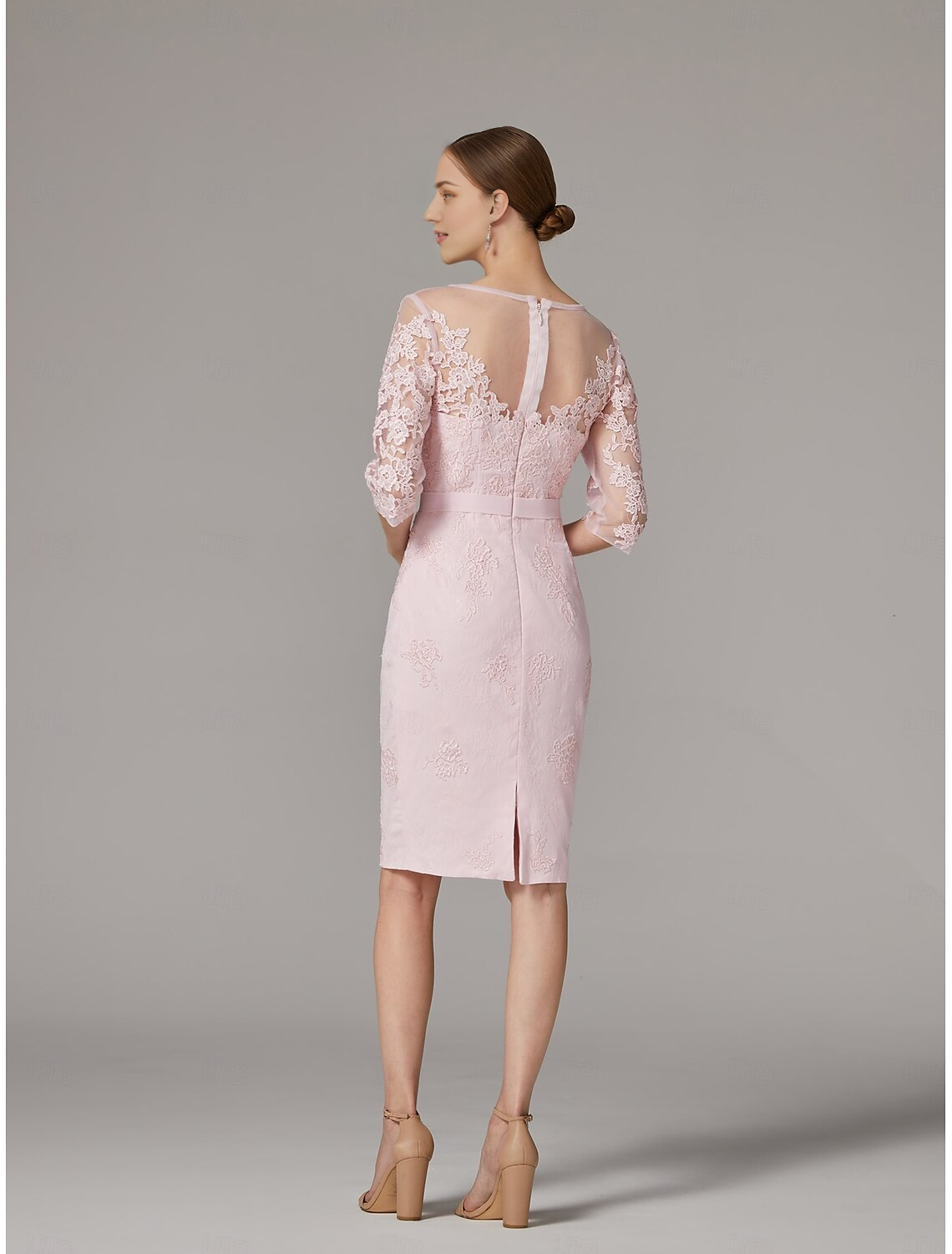 DingJiDress November December Autumn Winter Wedding Guest Dress Two Piece Sheath / Column Dress Suit Elegant Vintage Plus Size Bateau Neck Knee Length Chiffon Lace 3/4 Length Sleeve Jacket Dresses with Appliques Mother of the Groom / Bride Dresses
