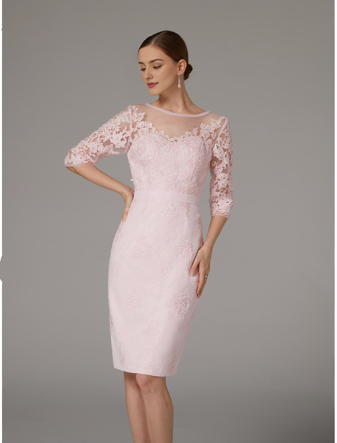 DingJiDress November December Autumn Winter Wedding Guest Dress Two Piece Sheath / Column Dress Suit Elegant Vintage Plus Size Bateau Neck Knee Length Chiffon Lace 3/4 Length Sleeve Jacket Dresses with Appliques Mother of the Groom / Bride Dresses