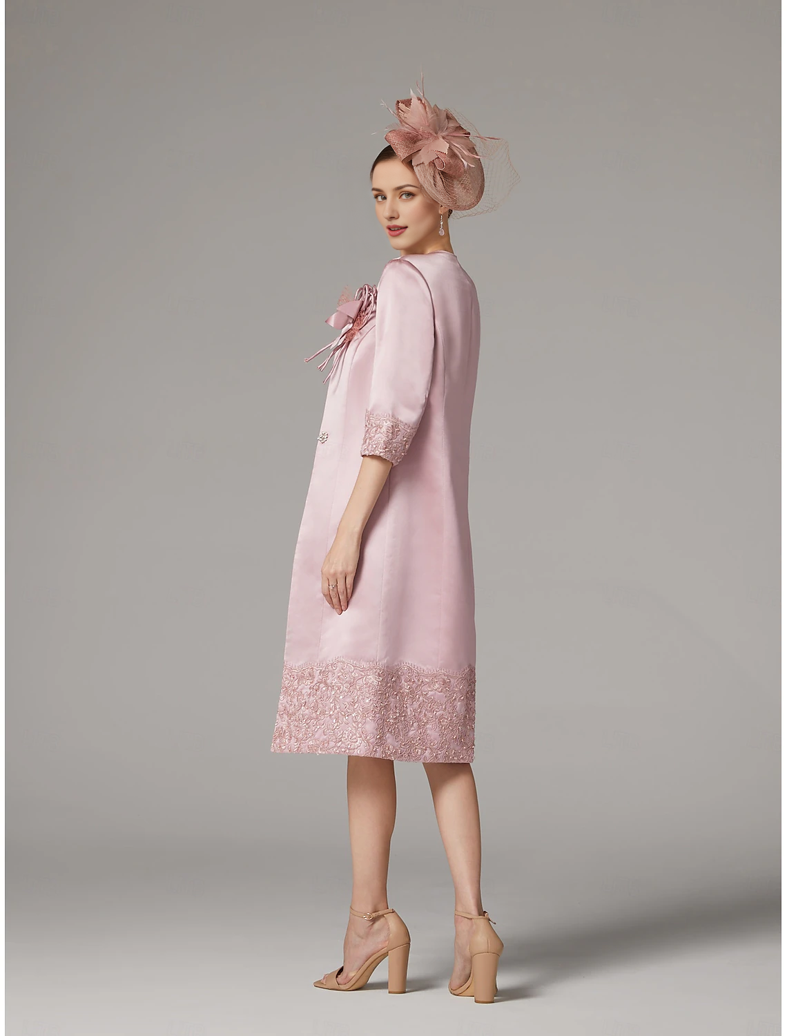 DingJiDress November December Autumn Winter Wedding Guest Dress Sheath / Column Dress Suit Vintage Plus Size Jewel Neck Knee Length Satin Lace 3/4 Length Sleeve Jacket Dresses with Appliques Mother of the Groom / Bride Dresses