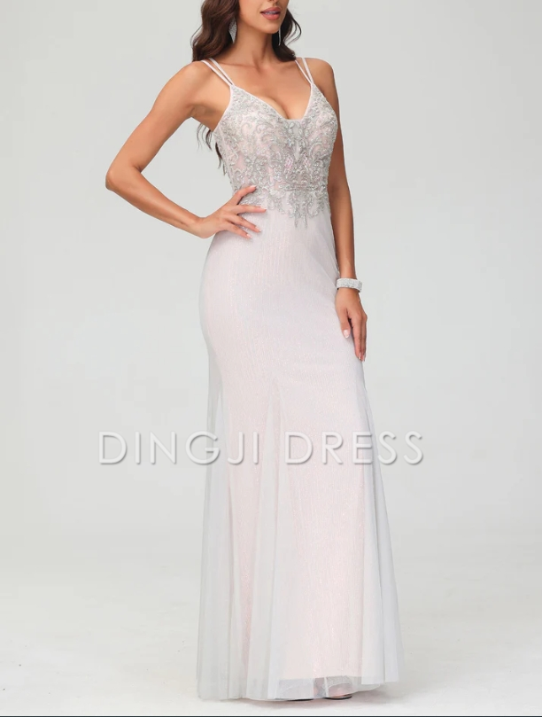 DingJiDress Evening Dress Charming V-Neck Spaghetti Straps Bodycon Glitter Backless Tulle Floor-Length Fashion Formal Dress