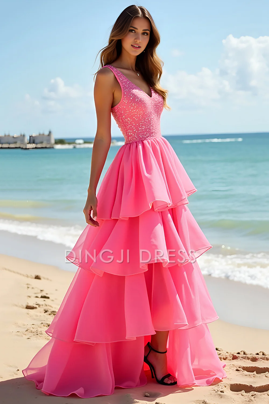 DingJiDress High Quality Dress Exquisite A Line V Neck Backless Tiered Ruched Fashion Long Prom Dress