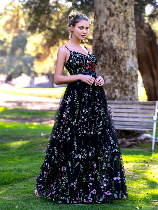 DingJiDress Evening Dress V-neck Spaghetti Straps Applique Tulle Floor Length Sweet Prom Dress Elegant Fantastic Formal Wear Dresses Wedding Guest Dresses