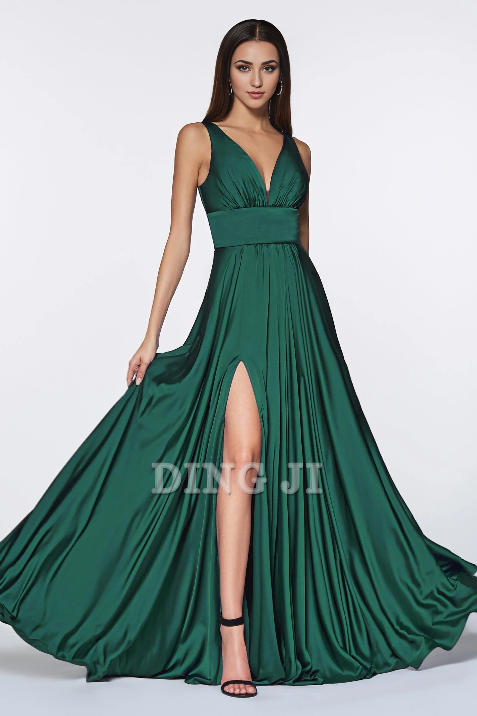 DingJiDress Bridesmaid Dresses Elegant Satin Pleated A-Line Sleeveless Deep V-Neckline Open Back Side Fork Charming Dress Wedding Guests Dresses