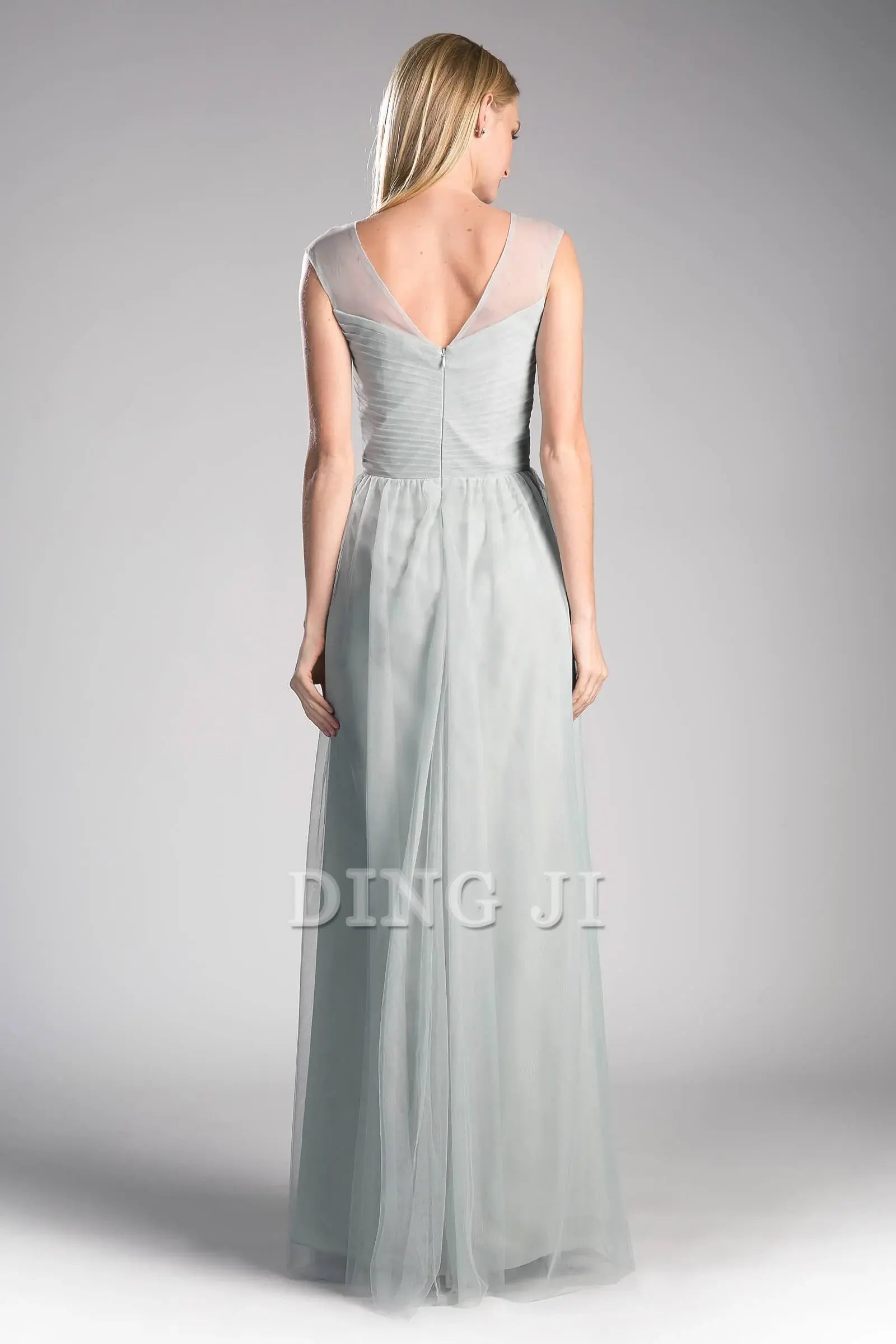 DingJiDress Bridesmaid Dresses Elegant Sleeveless Full Length Gown V-Neckline Sheer Mesh Shoulder Crisscross Gathered Sweetheart Bodice V Shaped Back Tulle Dresses Wedding Guests Dresses