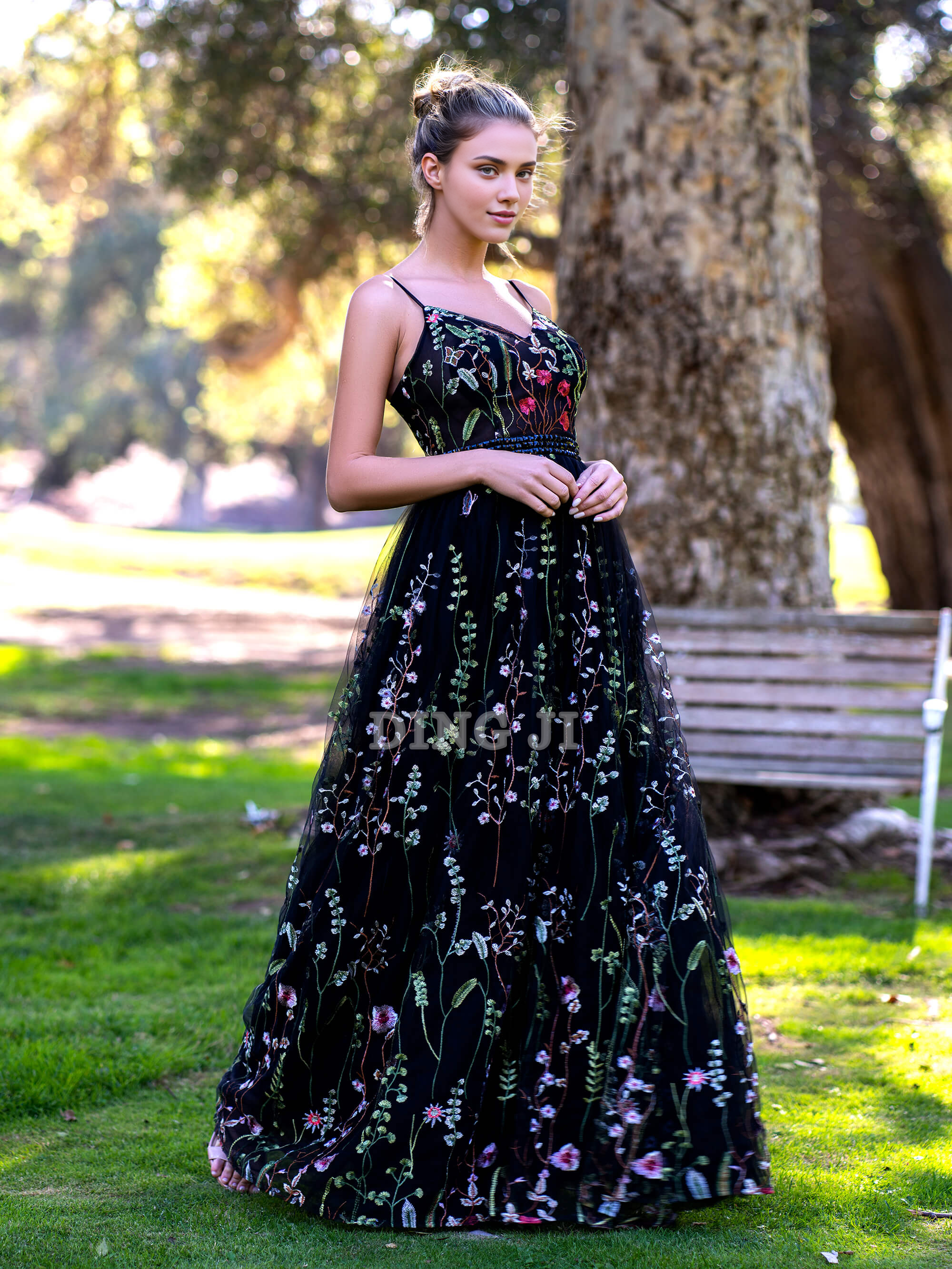 DingJiDress Evening Dress V-neck Spaghetti Straps Applique Tulle Floor Length Sweet Prom Dress Elegant Fantastic Formal Wear Dresses Wedding Guest Dresses