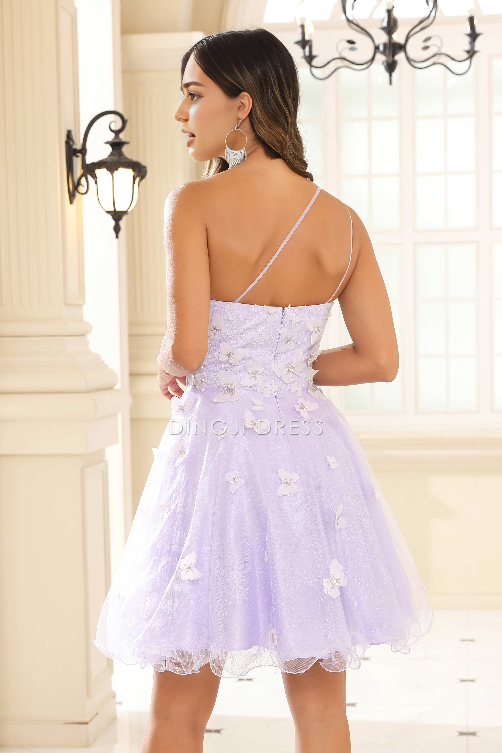 DingJiDress Hot Sale Homecoming Dress Unique A-Line One-Shoulder Spaghetti Straps 3D Butterfly Decal Ruffles Fashion Mini Dress