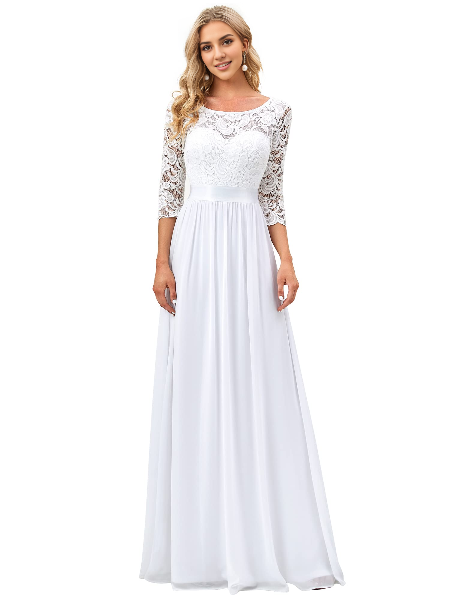 DingJiDress Wedding Dress A-line Round Neck Lace 3/4 Sleeve Chiffon Elegant Simple Formal Women's Dresses