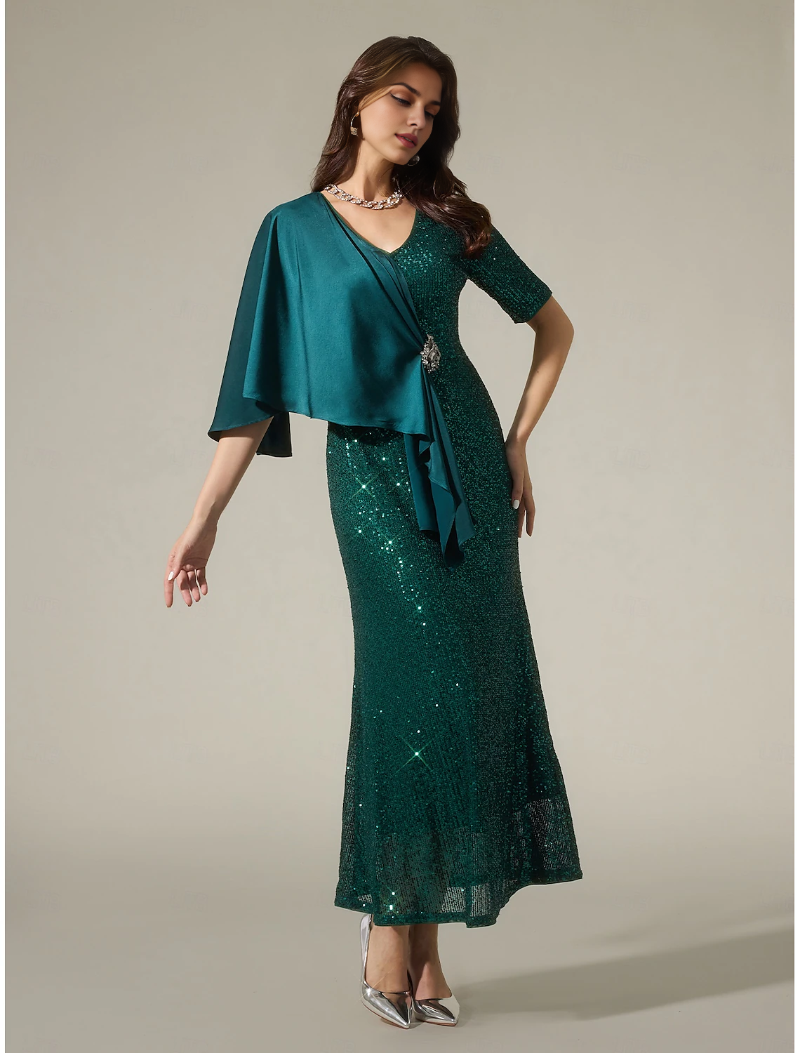 DingJiDress November December Autumn Winter Wedding Guest Dress Satin Sequin Sparkly Mismatched Short Sleeve Sparkly Maxi Dress to impress Christmas Dress Mother of the Groom / Bride Dresses