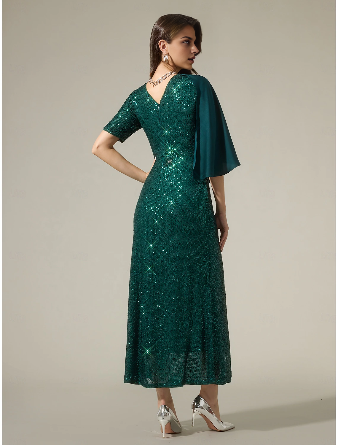 DingJiDress November December Autumn Winter Wedding Guest Dress Satin Sequin Sparkly Mismatched Short Sleeve Sparkly Maxi Dress to impress Christmas Dress Mother of the Groom / Bride Dresses