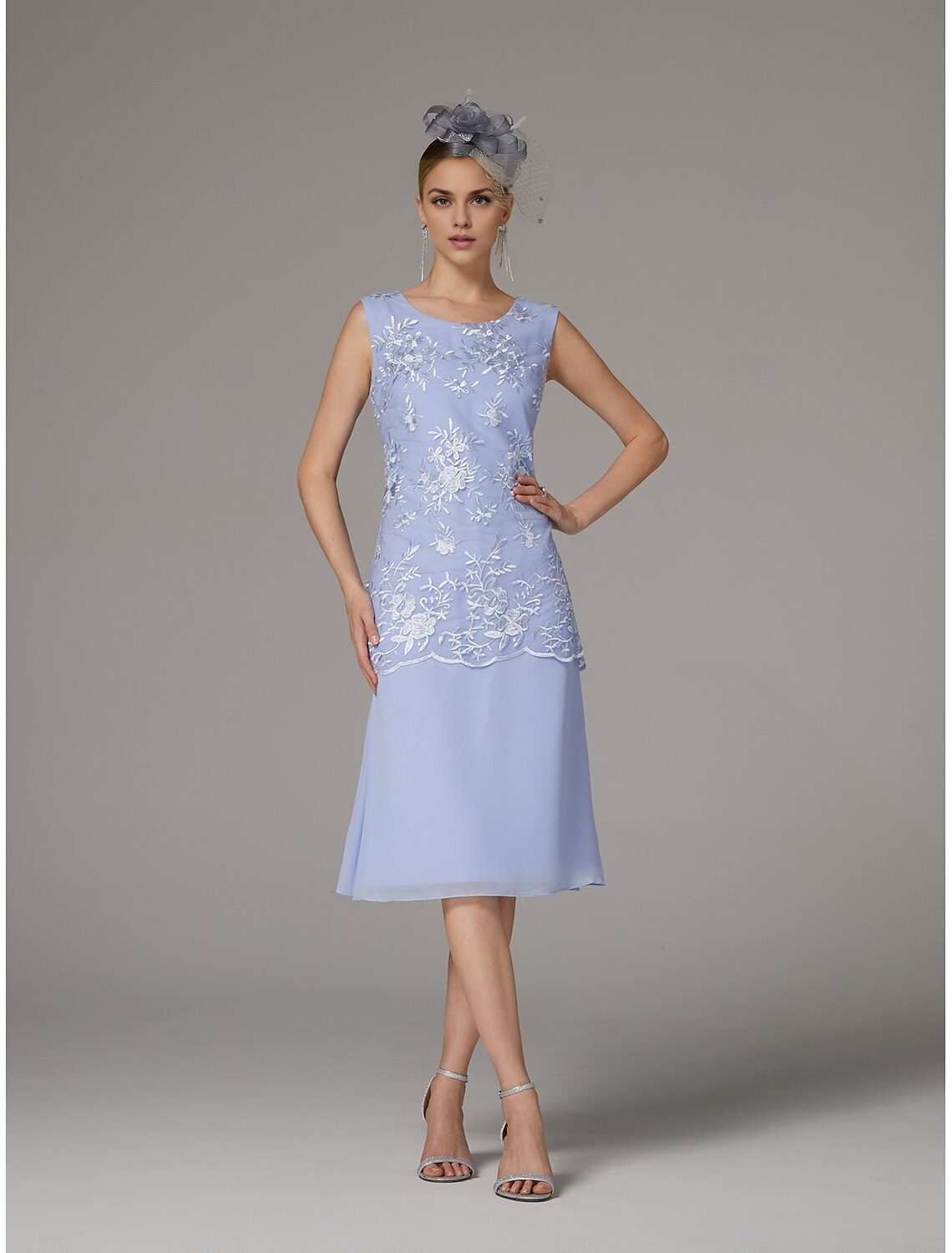 DingJiDress November December Autumn Winter Wedding Guest Dress Two Piece Sheath / Column Pantsuit Elegant Jewel Neck Tea Length Chiffon Lace Sleeveless Jacket Dresses with Appliques Mother of the Groom / Bride Dresses