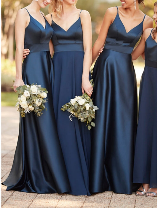 Sheath / Column Bridesmaid Dress Spaghetti Strap / V Neck Sleeveless Blue Floor Length Satin with Pleats