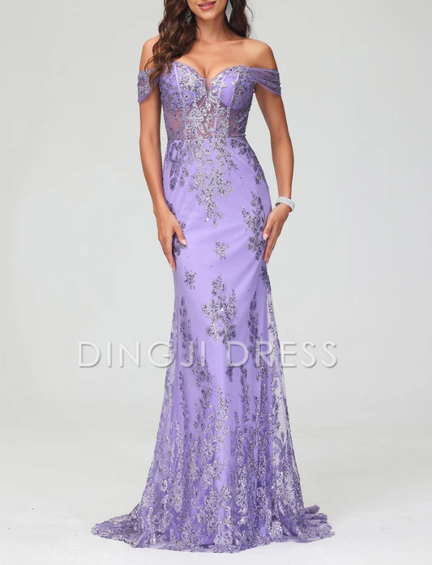 DingJiDress Evening Dress Luxurious Mermaid Off Shoulder Lace Applique Sweep Train Exquisite Formal Dress