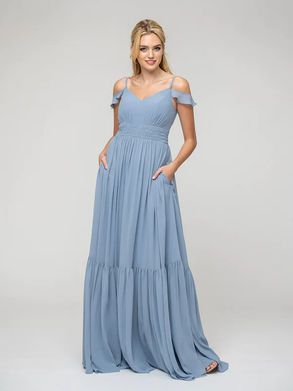 Pleats Bodice Chiffon Cold Shoulder Tie Back Bridesmaid Dresses