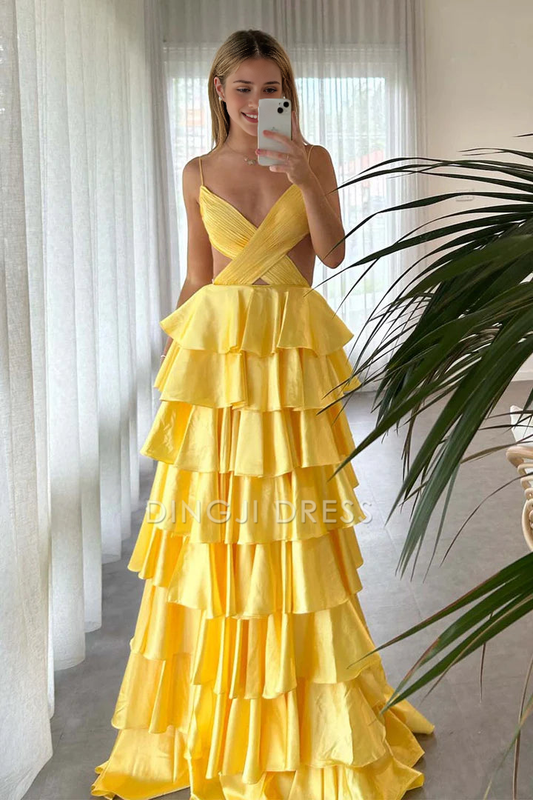 DingJiDress Formal Dress Charming A-Line V-Neck Spaghetti Strap Ruched Tiered Backless Long Party Prom Dress