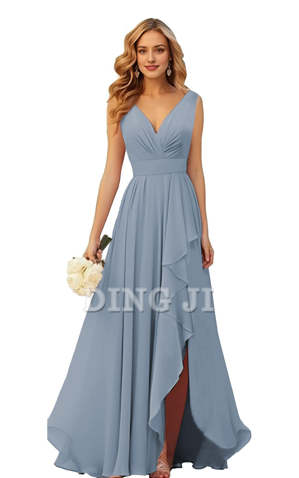 DingJiDress Bridesmaid Dresses Elegant V Neck Chiffon Side Fork Long Formal Wear Dresses