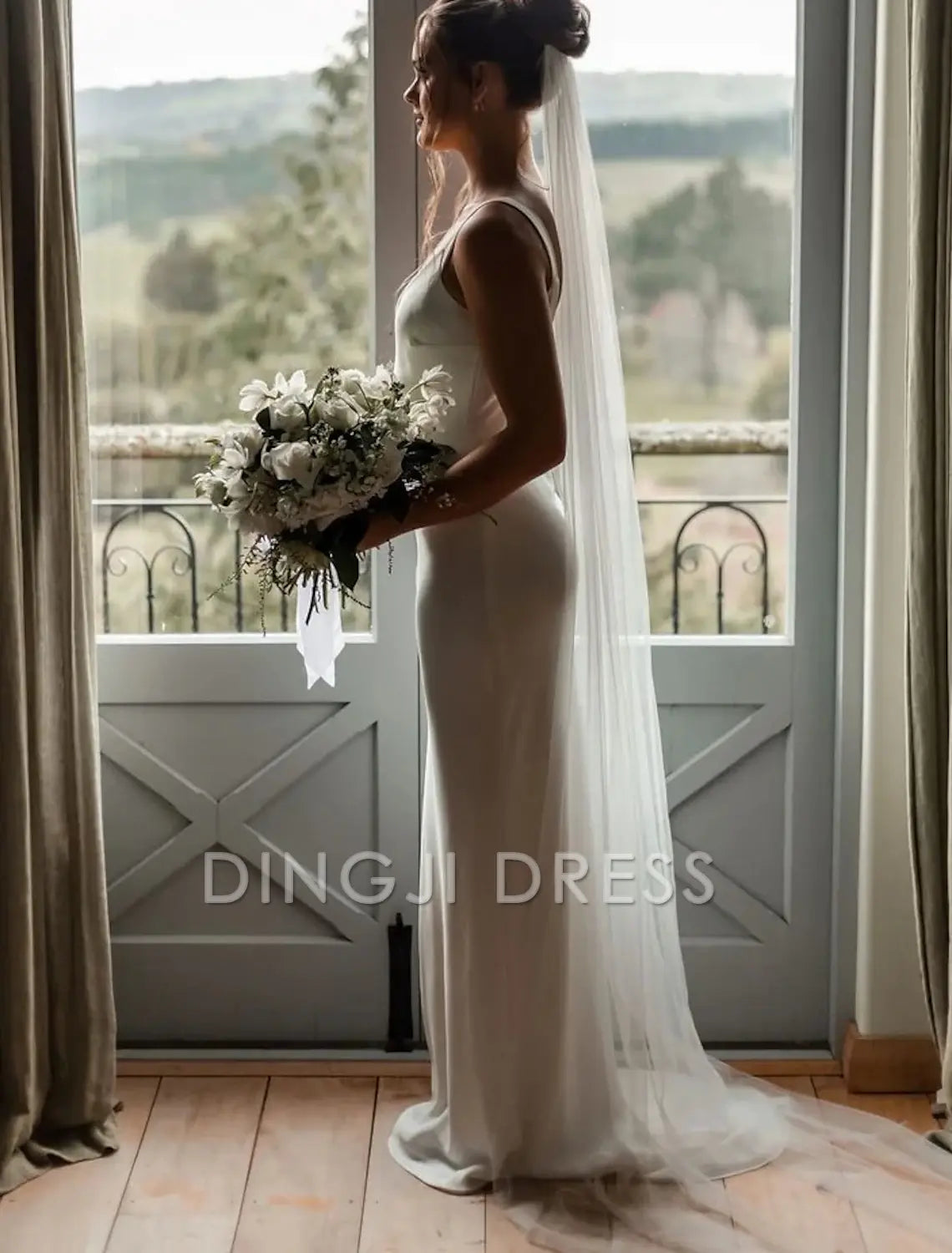 Ding Ji One-tier Formal Style Simple Classic Timeless Wedding Veil Chapel Veils Pure Color Tulle Fantastic Veil