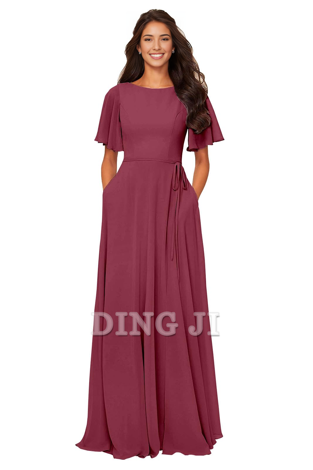 DingJiDress Bridesmaid Dresses Chiffon Modest A Line Bateau Neck Flutter Sleeve Elegant Formal Wear Dresses