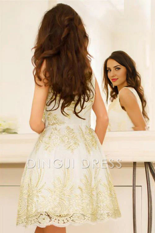 DingJiDress Short Prom Dress A-Line Cute V-Neck Sleeveless Tulle Exquisite Appliques Best Selling Homecoming Dress