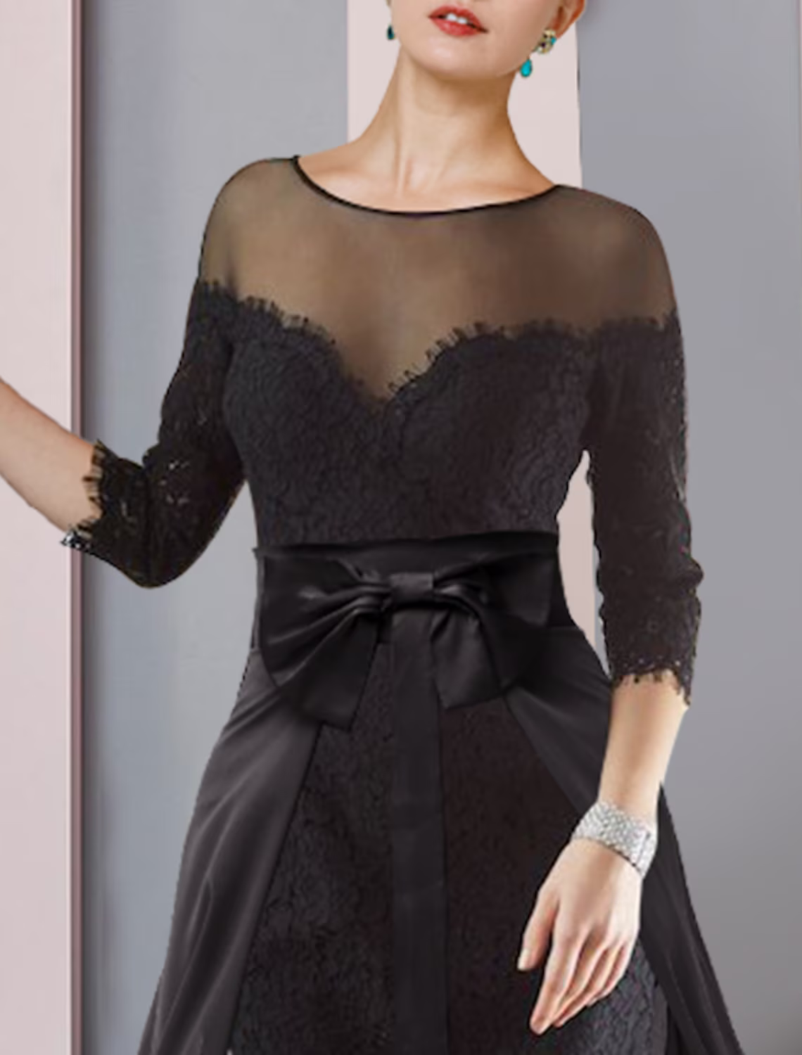 Two Piece Mother of the Bride Dress Formal Wedding Guest Elegant detachable Knee Length Chiffon Lace Sleeve with Bow(s) Appliques