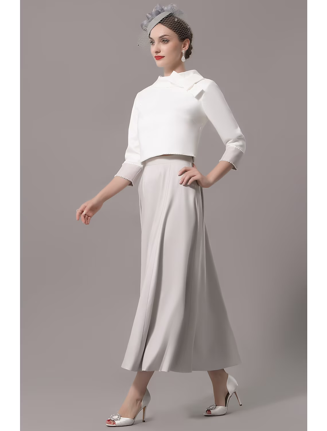 Two Piece Mother of the Bride Dress Church Elegant  Ankle Length Stretch Satin Sleeve with Bow(s)