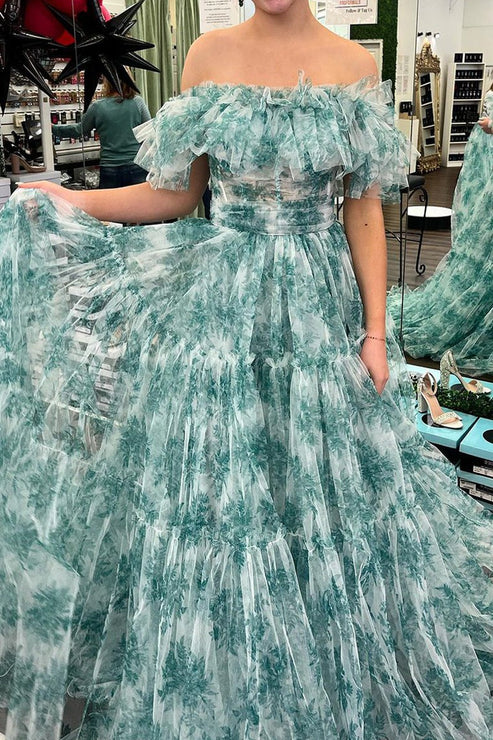 DingJiDress Long Prom Dresses Floral Printed Off the Shoulder Ruffle Tiered Tulle