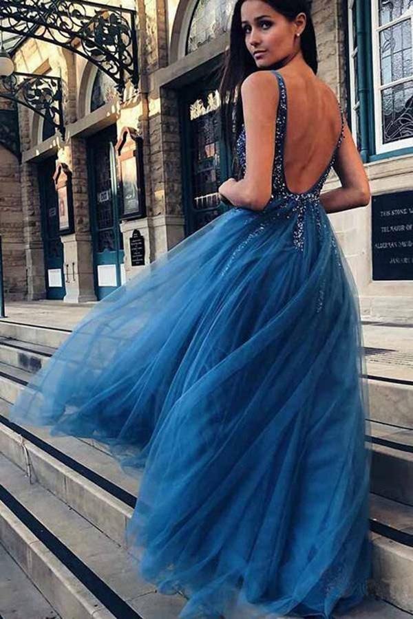 DingJiDress A Line Prom Dresses Backless V Neck Tulle Long Vintage Beading