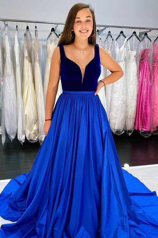 DingJiDress A-Line Evening Dresses Deep V Neck Royal Blue Sleeveless Taffeta Long Prom Dresses