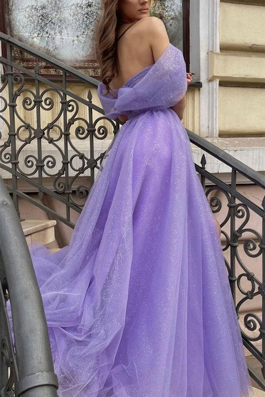 DingJiDress A Line Prom Dresses Off The Shoulder Sequins Tulle With Slit