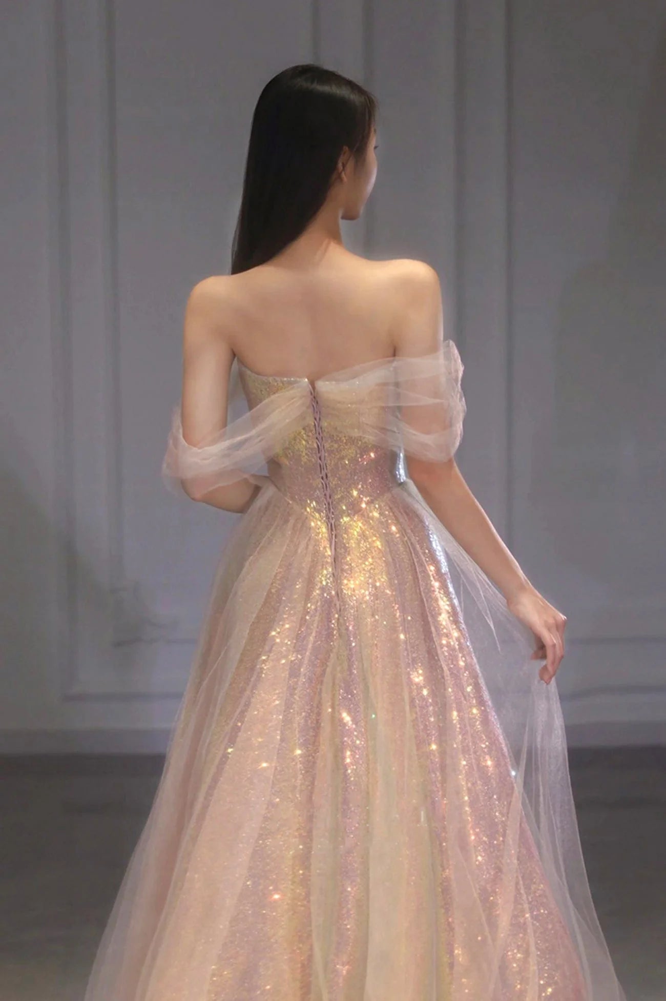 DingJiDress Long Prom Dress A Line Off the Shoulder Champagne Sequins