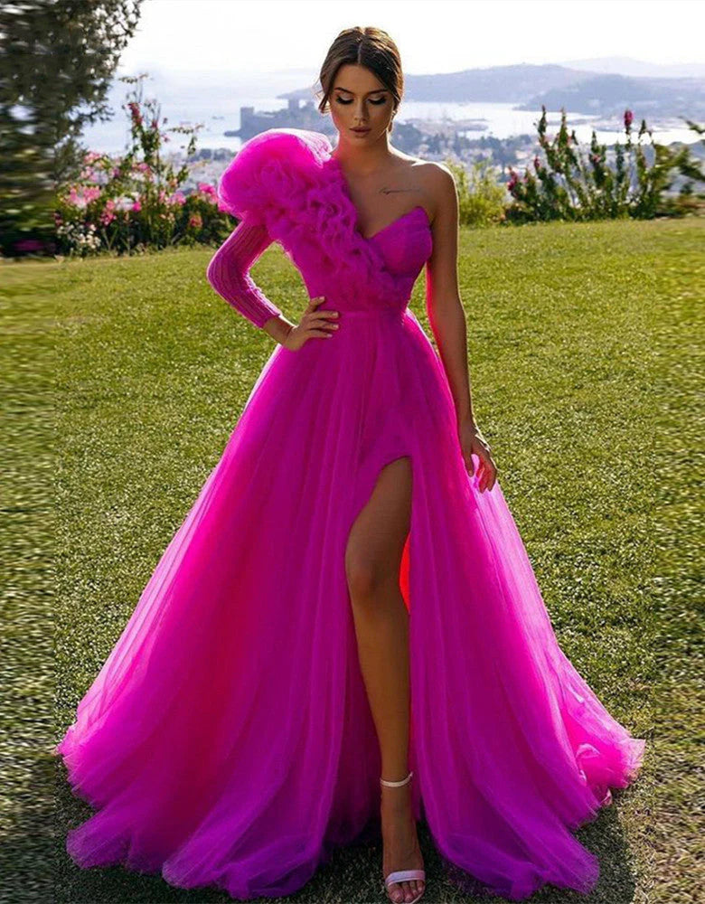 Prom Dresses A Line One Shoulder Long Sleeves With Slit
