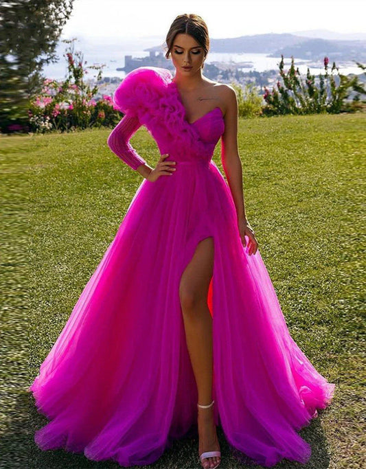 Prom Dresses A Line One Shoulder Long Sleeves With Slit