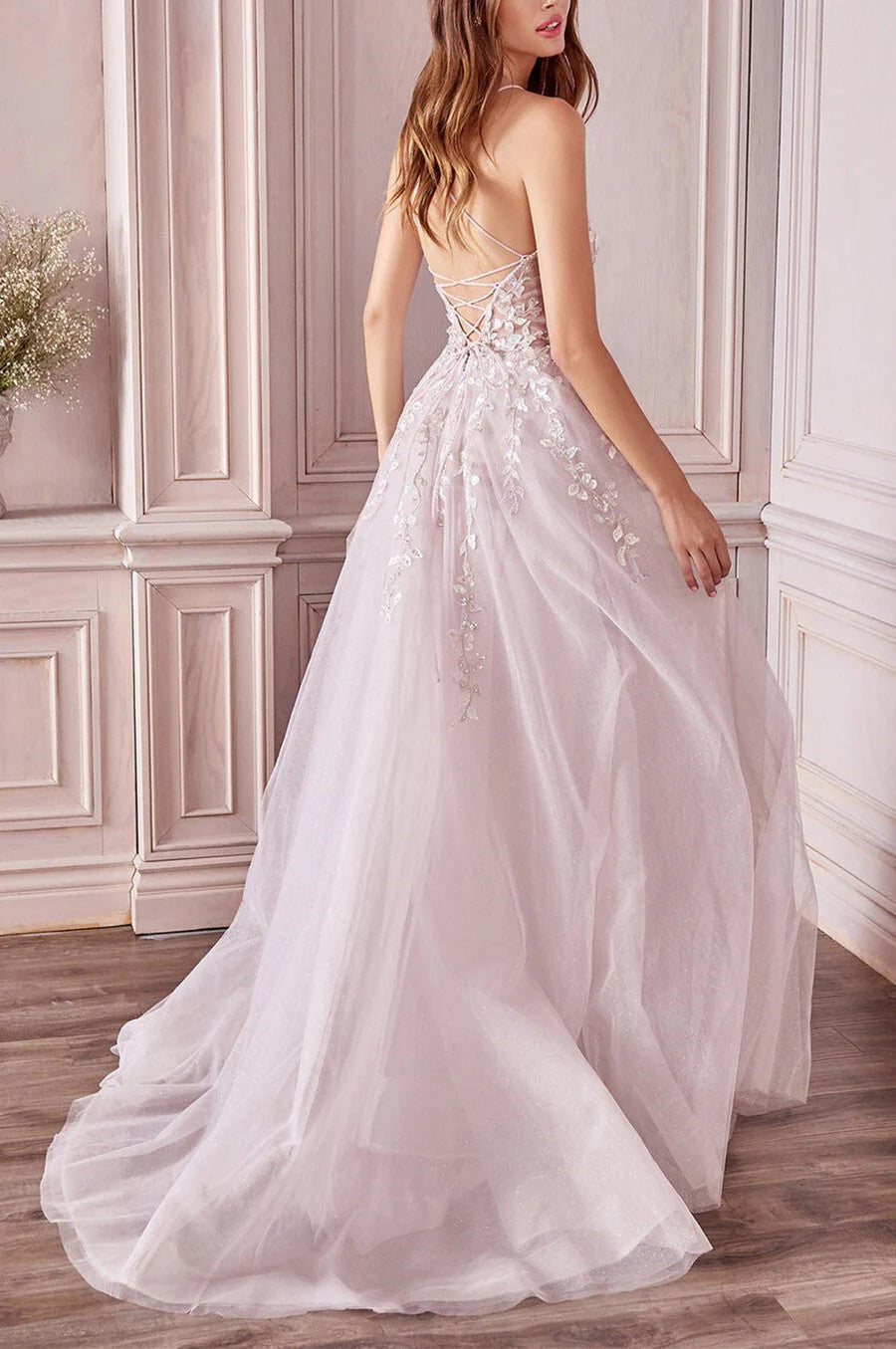DingJiDress Prom Dresses A-Line/Princess Sleeveless V-Neck Floor-Length Applique Tulle