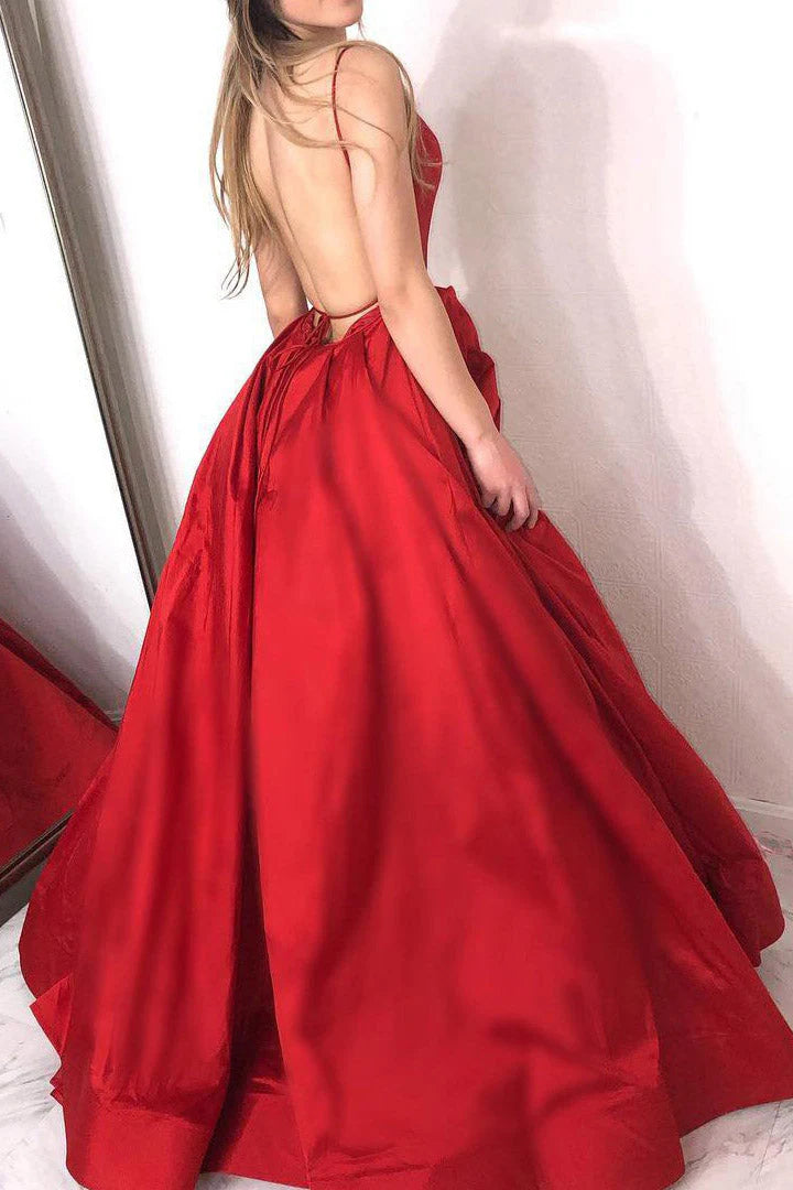 DingJiDress A Line Prom Dresses Sleeveless V Neck with Side Split Floor Length Open Back Satin