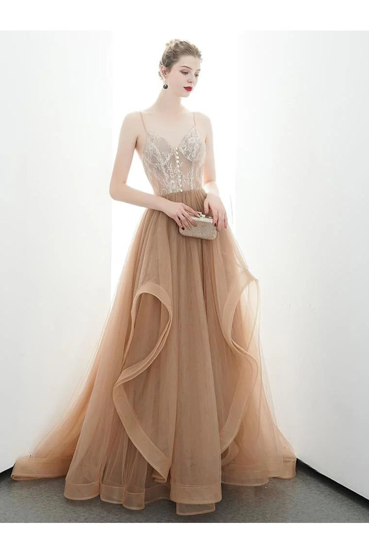 DingJiDress Formal Evening Dress A-Line Spaghetti Straps Tulle Long Appliques Prom Dresses