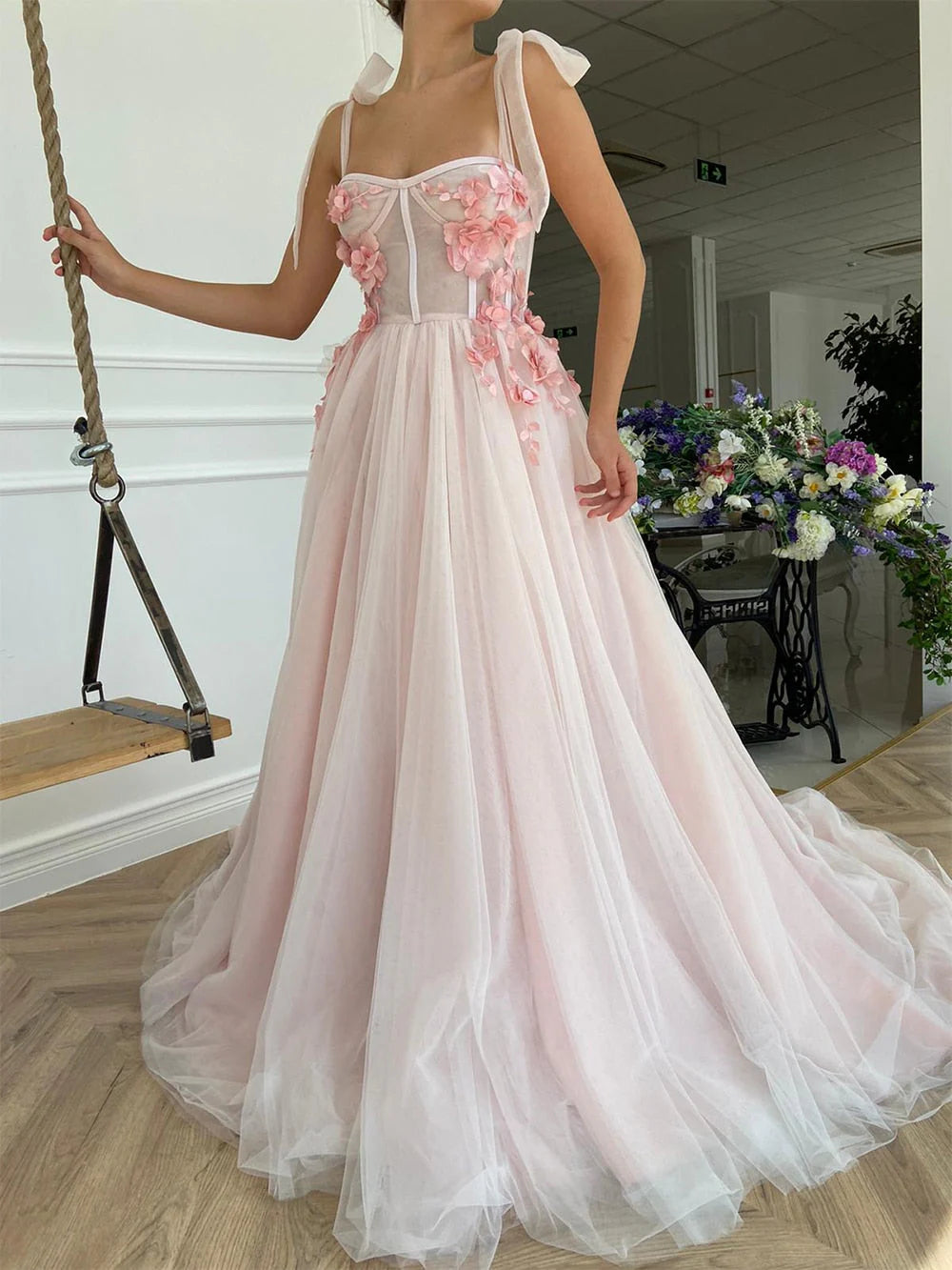 Prom Dresses A-Line Sweetheart Tulle Applique Open Back Long with Flowers
