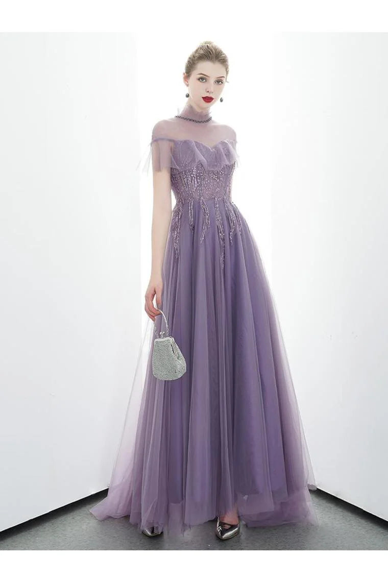 DingJiDress Formal Evening Dress A-Line Tulle Long High Neck Prom Dresses With Ruffles