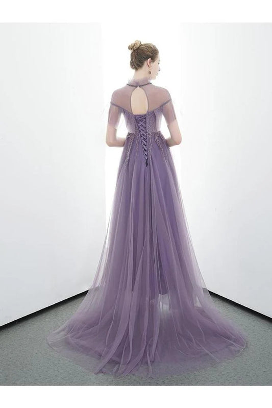 DingJiDress Formal Evening Dress A-Line Tulle Long High Neck Prom Dresses With Ruffles
