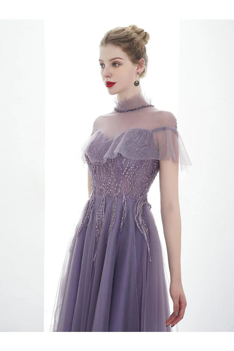 DingJiDress Formal Evening Dress A-Line Tulle Long High Neck Prom Dresses With Ruffles