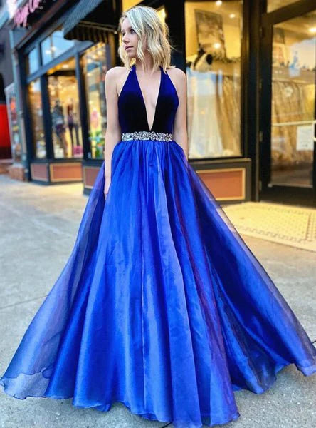 DingJiDress A Line Prom Dresses V-Neck Backless With Beading Belt Evening Gown