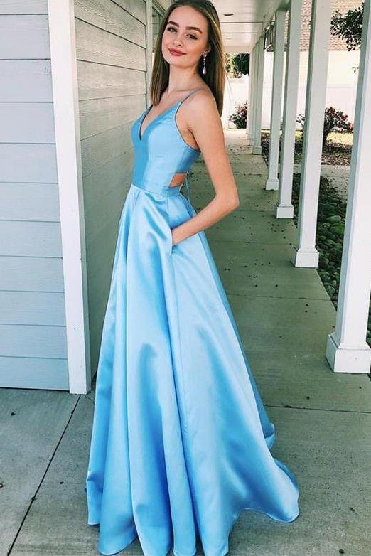 DingJiDress A Line Prom Dresses V Neck Light Blue Satin With Pockets Sleeveless