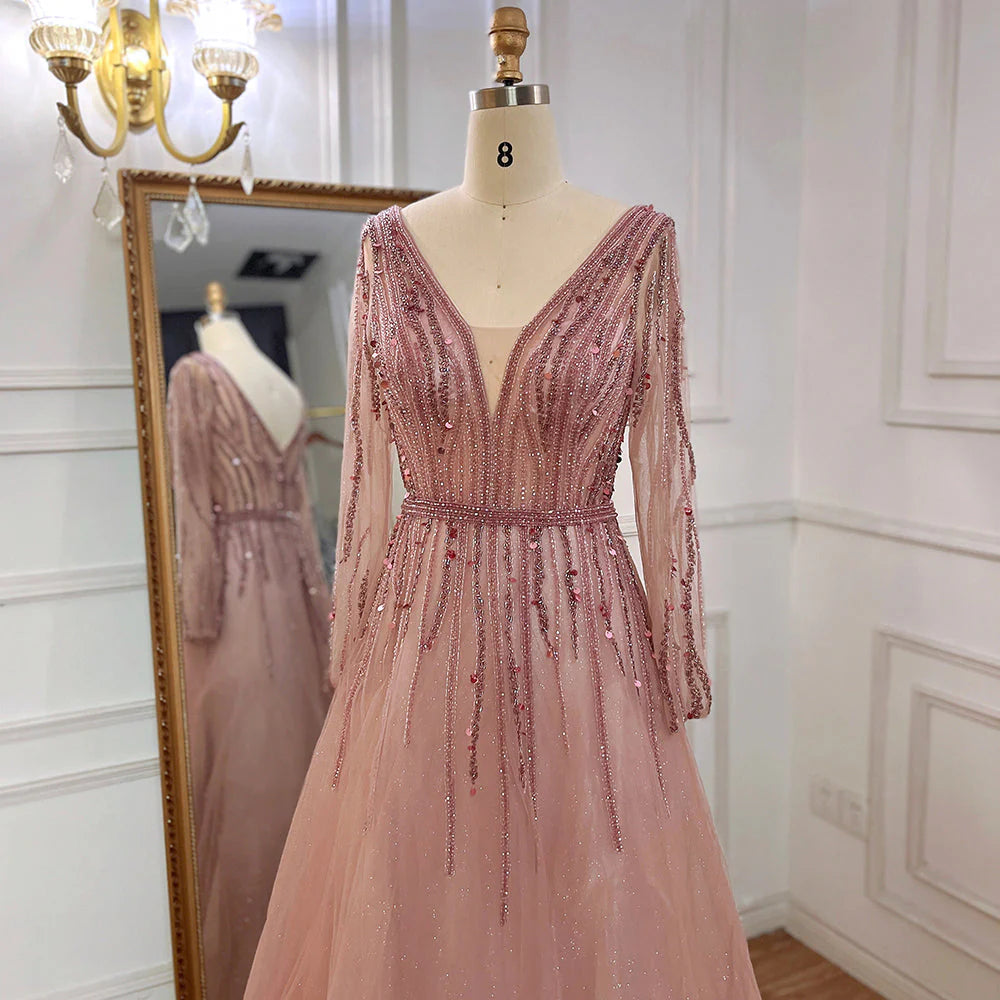 Prom Dresses A-Line V-Neck Long Sleeves Tulle Crystal Sequined Beading