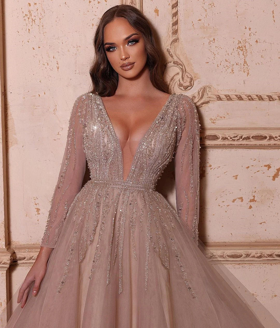 Prom Dresses A-Line V-Neck Long Sleeves Tulle Crystal Sequined Beading