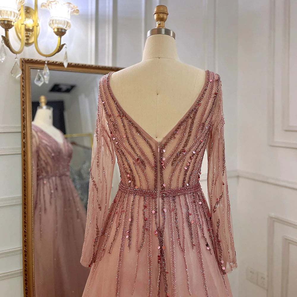 Prom Dresses A-Line V-Neck Long Sleeves Tulle Crystal Sequined Beading