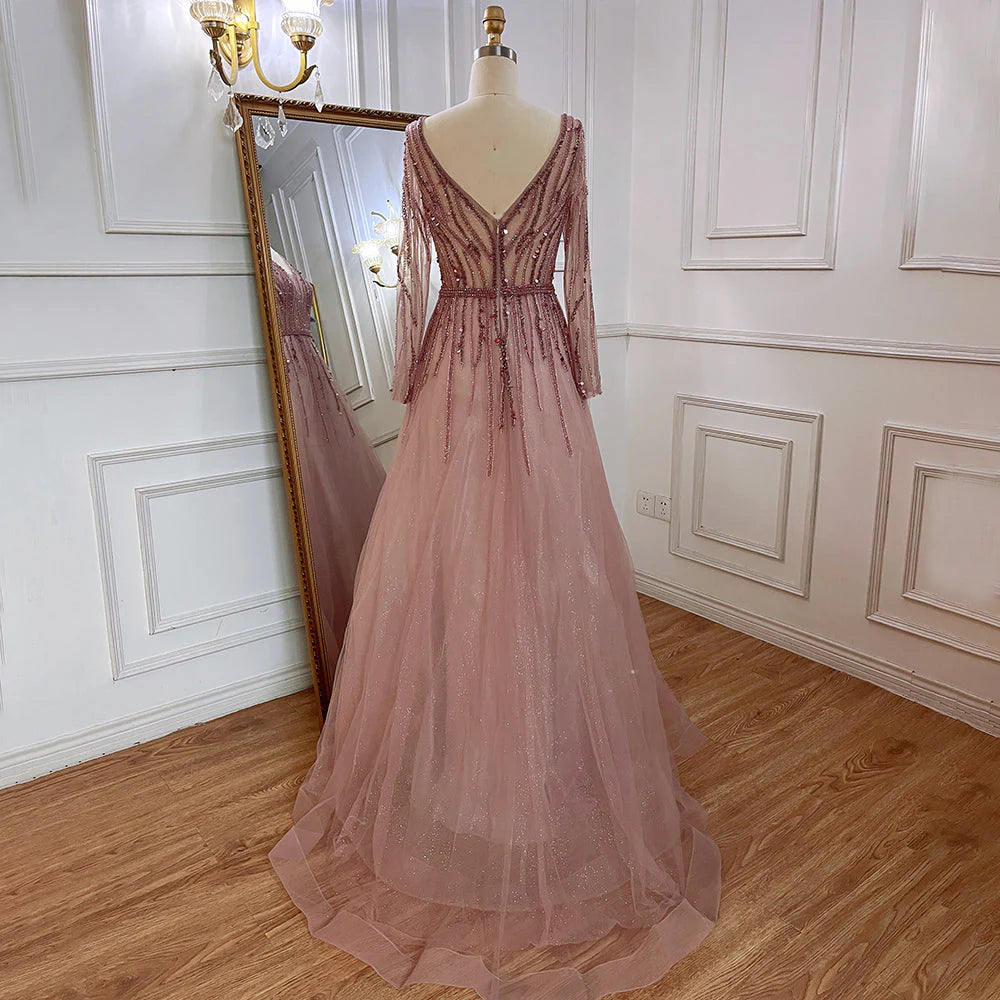 Prom Dresses A-Line V-Neck Long Sleeves Tulle Crystal Sequined Beading