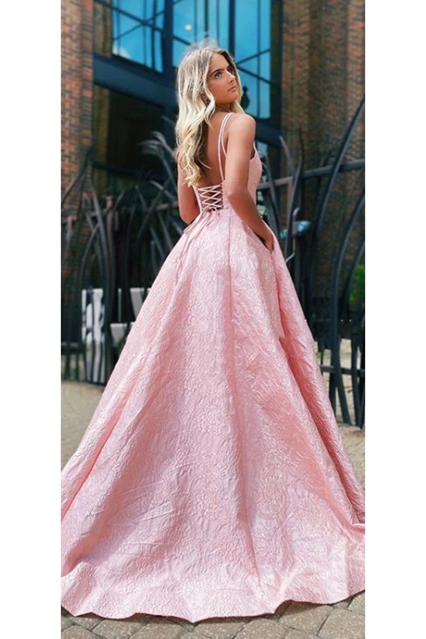 DingJiDress A-Line Prom Dress V-Neck Sweep Train Satin Backless With Split