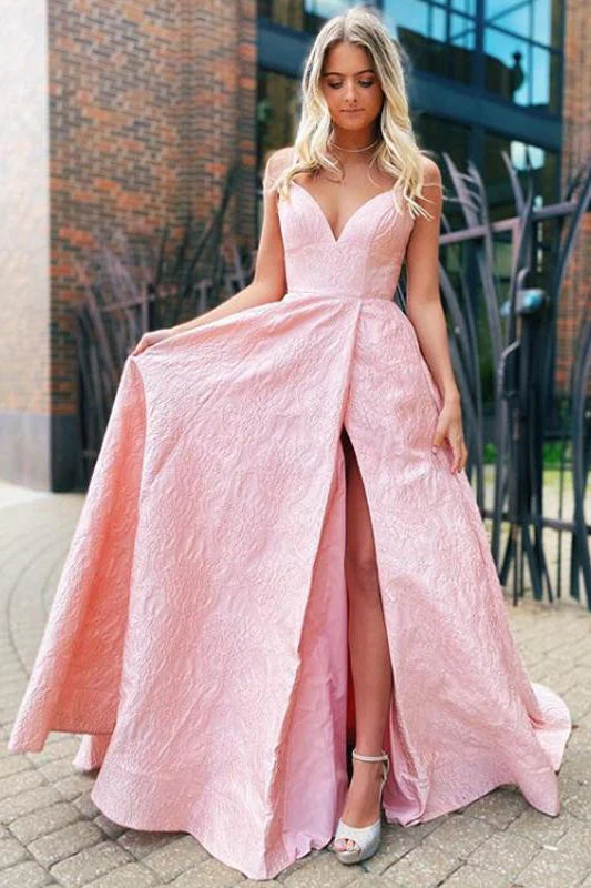 DingJiDress A-Line Prom Dress V-Neck Sweep Train Satin Backless With Split