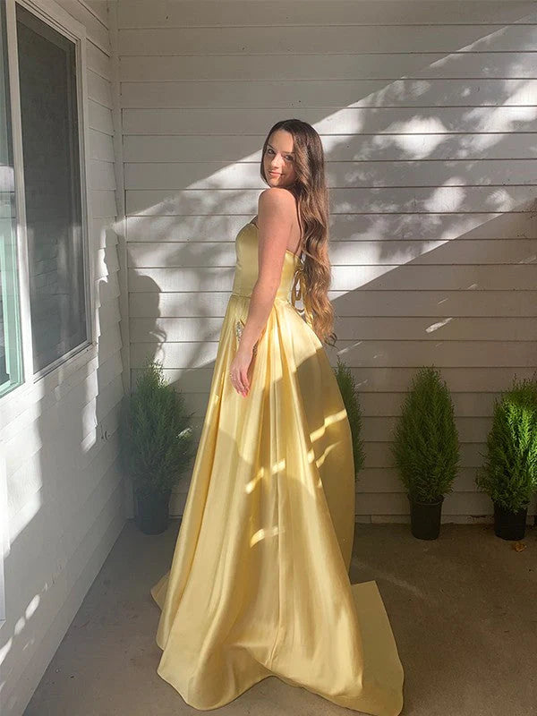 DingJiDress A-Line Prom Dresses Satin Strapless Beaded Pockets Lace Up Back Sleeveless