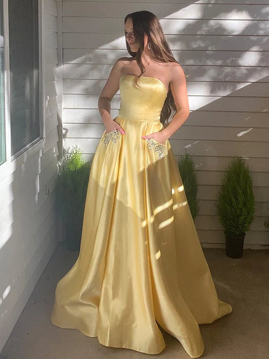 DingJiDress A-Line Prom Dresses Satin Strapless Beaded Pockets Lace Up Back Sleeveless
